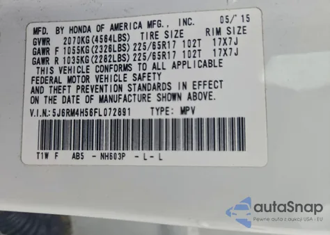 2015 Honda Cr-V Ex z USA, uszkodzony, nr VIN 5J6RM4H56FL072891